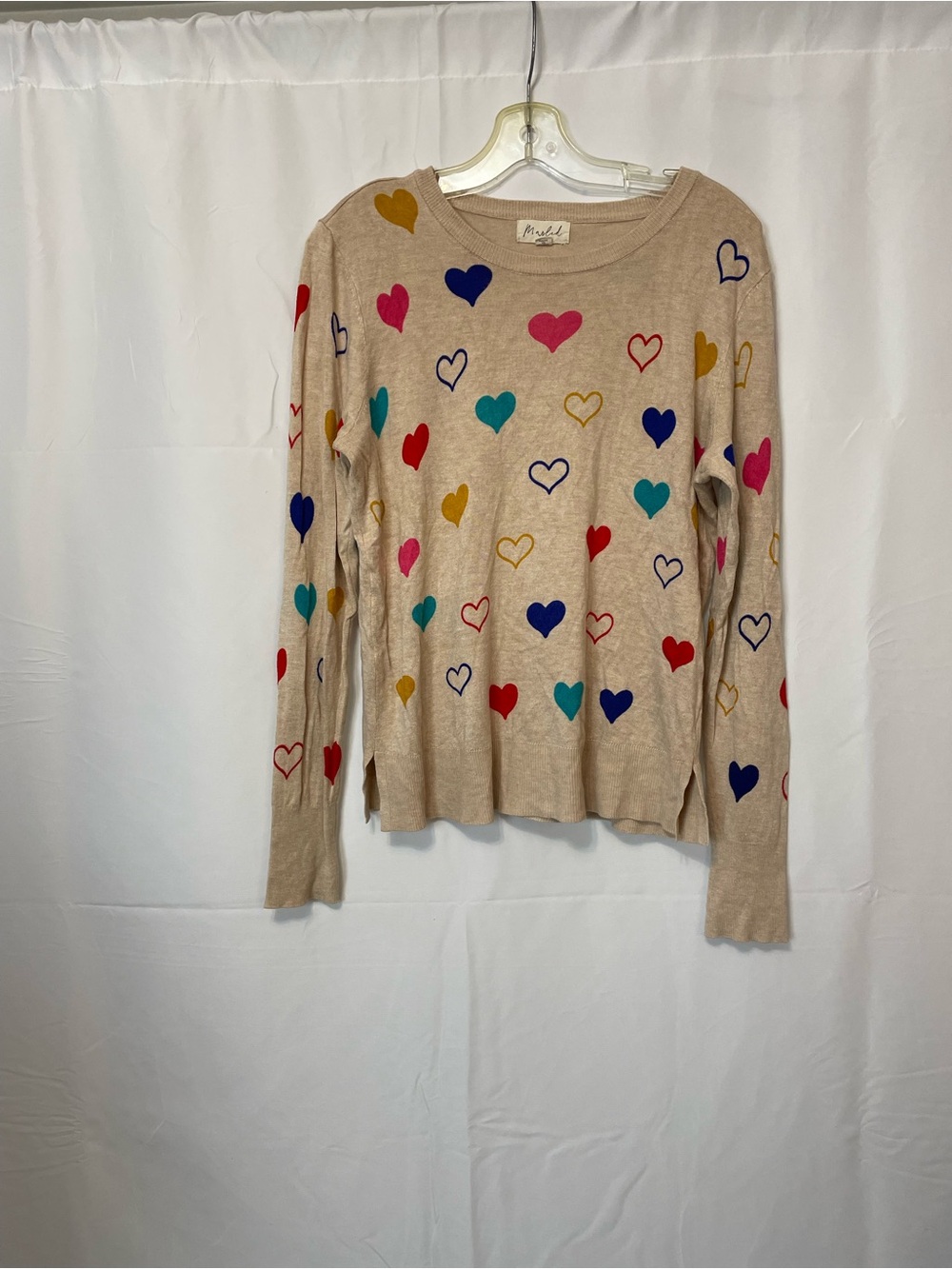 Marled Crewneck Sweater Beige with Multicolor Heart Pattern Womens Medium